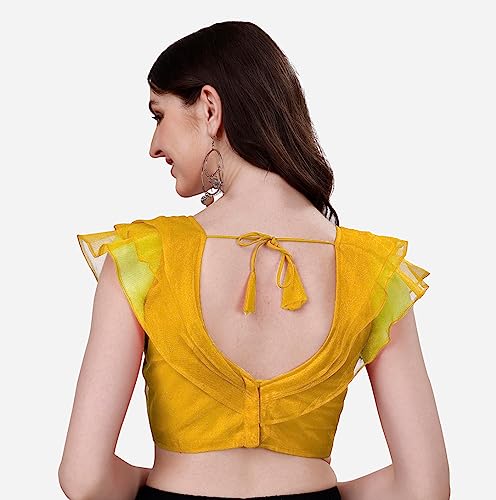 Image of Pujia Mills Women's V Neck Orgenza Three Layer Ruffle Sleeve Frill Readymade Saree Blouse