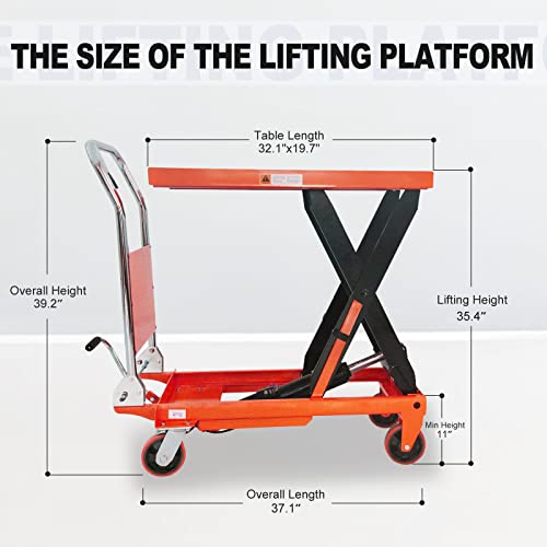 Tory Carrier Hydraulic Scissor 660Lbs Capacity, Cart Lift Table Cart 35.4”Lifting Height , Manual Scissor Lift Table 4 Wheels And Foot Pump, Elevating Hydraulic Cart For Material Handling #TOP1