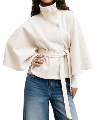 Image of CHARTOU Women Batwing Sleeve Ponchos Pea Coat Wool Stand Collar Belt Capes Jacket Winter Cropped Overcoat (Small, White)