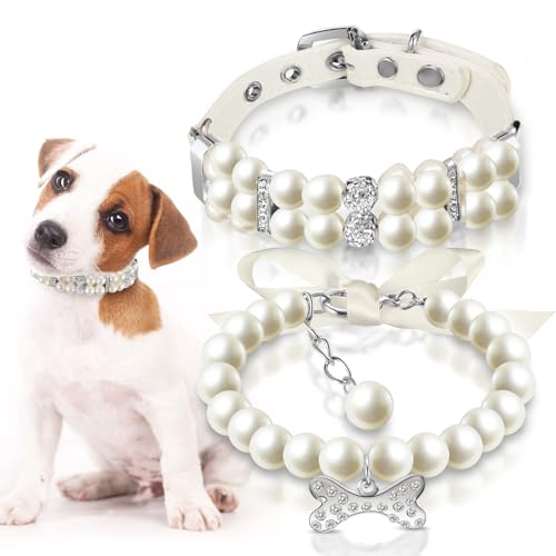 Hicarer 2 Pcs Small Dog Cat Pearl Collars and Pearl Necklace Set Cute Pet PU Leather Collars Necklace with Crystal Rhinestone for Dogs Cats Puppy Kitten Party Wedding Birthday(White S)
