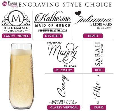 Miniatura 7 de Copas de champán grabadas personalizadas sin tallo, copas de boda personalizadas con monograma para dama de honor