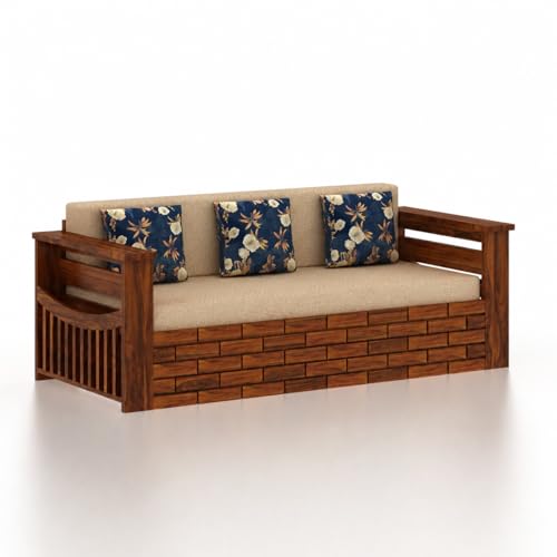 Image of Ganpati Arts Solid Sheesham Wood 3 Seater Italian Sofa Cum Bed with Side Pocket for Living Room Bedroom Wooden Bedroom Furniture for Home 1 Year Warranty (Natural Finish)
