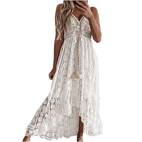 Générique Robe Longue Femme Ete Boheme Chic et Elegant Robe de Plage Dentelle avec Pompon Col en V évasé à Volants Bretelles Spaghetti Sexy Dos Nu Robes...