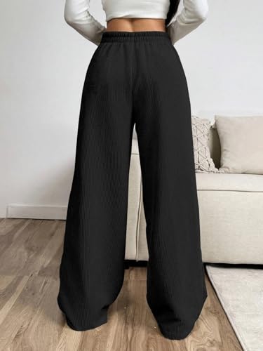 Image of Women's Trendy Korean Trouser with Pockets, Casual Corduroy Stretchable Baggy Loose || High Rise Elastic Waist Going Out Lounge Pants || Wide Leg Pants for Woman