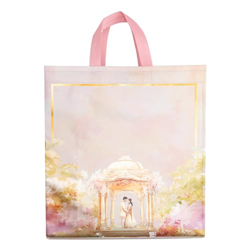 Image of Lavya Large Size Pack of 10 Pcs Wedding Return Gift Bags | Reusable Non-Woven Matt Finish Metallic Laminated | Jewellery, Sweets, Festival Party, Saree, Carry Bag (Golden Mandap, L-13x14x5)