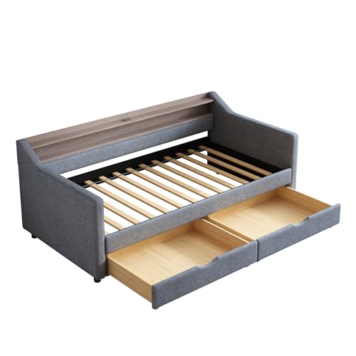 FAVSH Upholstered Daybed with 2 Storage Drawers, Twin Size Sofa Bed w/ 2-Tier Shelf & USB+Type-C Port and Smart LED Light for Bedroom Apartment, Light Grey