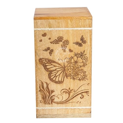 Image of Handcrafted Floral Engraved Wooden Urns for Human Ashes Adult Large - Cremation Urn for Ashes - Burial Urn for Columbarium - Funeral Urn Box (Floral Butterfly 2, 250 LB - Hardwood)