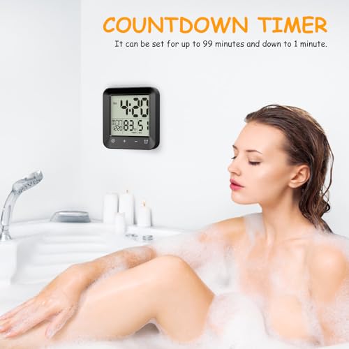 ALLOMN Digitale Duschuhr, wasserdichte Badezimmeruhr Timer mit Countdown Alarm Temperaturanzeige, Touch Badezimmeruhr Dusch Uhr mit Saugnapf Aufhängeöse Ständer für Kinder und Erwachsene (Schwarz)