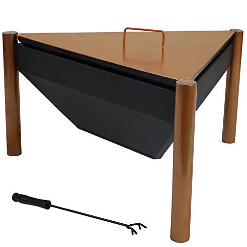 Sunnydaze 31-Inch Steel Wood-Burning Triangle Fire Pit/Side Table - Log Grate, Poker And Spark Screen - Copper Finish #TOP5
