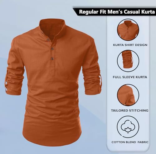 Image of Zombom Men's Solid Cotton Polyester Blend Casual Regular Fit Mandarin /Chinese Collor Full Sleeve Kurta Shirt for Men