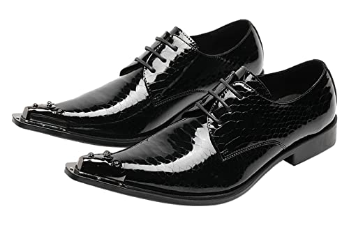 Mens Western Pointed Toe Leather Lace Up Dress Shoes Fashion Metal Tip Oxford Black 11 US