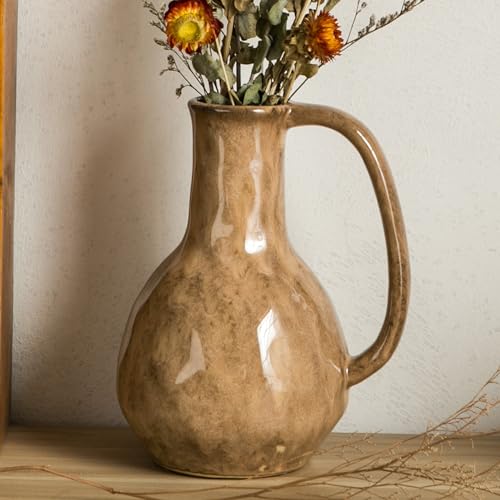 Tanvecle Brown Ceramic Vase with Big Handles, Modern Farmhouse Decor,