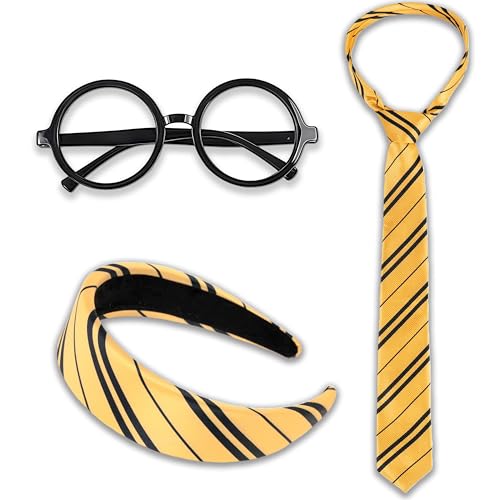 3pcs Halloween Wizard Costume Accessories for Women Yellow and Black Striped Tie Headband Round Glasses Hair Accessories for Adult Cosplay Party Set