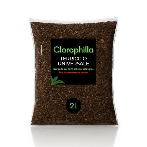 Clorophilla Terra Universale di Qualità Superiore,Terra Per Piante Con il 30% Di Humus Di Lombrico Senza Compostati,Riserva Idrica e Drenaggio ottimale,ricco di Acidi umici e fulvici- 1 Sacco 2 Litri