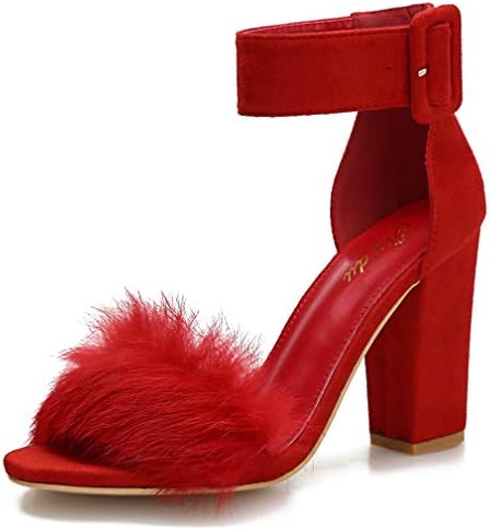Jiu du Women's Faux Fur Heels Dress Sandals Open Toe Ankle Strap Fashion Wedding Sexy Chunky Block Heel High Heeled Pumps Red Suede Faux Fur Size US9