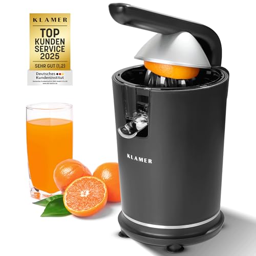 KLAMER Saftpresse elektrisch mit zwei Presskegeln – Zitruspresse für Orangen, Zitronen, Limetten & Grapefruit, Hohe Saftausbeute, Entsafter, BPA frei, Spülmaschinengeeignet