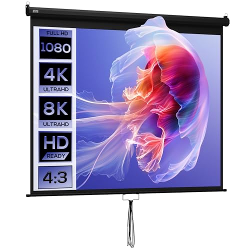 HOMCOM Écran de Projection 120" 4:3 HD 4K, Écran Videoprojecteur avec Boîtier en Métal, Écran Hauteur Réglable Manuellement, pour Cinéma Maison, Bureau, Voyage, Noir