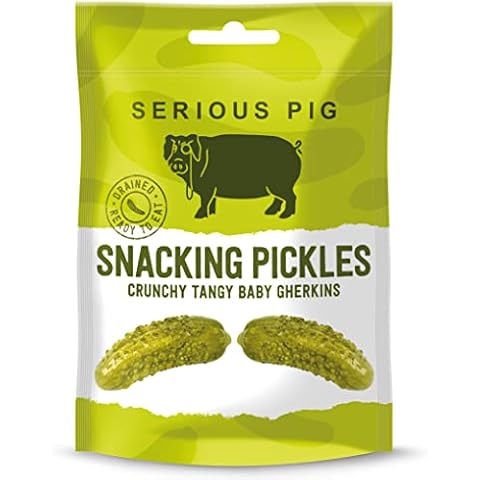 SERIOUS PIG - Snacking Pickles in a Pouch, Low Carb, Crunchy Pickled Baby Gherkins, Drained and Ready to Eat, Tangy, Gluten Free, Lactose Free, Vegan and Vegetarian, Pub Snacks (12 x 40g) Cover