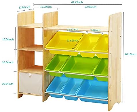 MALLBOO 4-Tier Kids' Toy Storage Organizer Shelf - Solid Wood,Children's Storage Cabinet with 9 Plastic Bins and 1 Cloth Storage Box