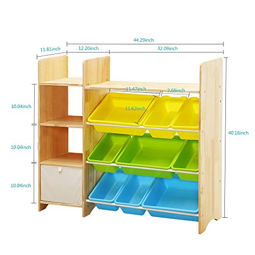 MALLBOO 4-Tier Kids' Toy Storage Organizer Shelf - Solid Wood,Children's Storage Cabinet with 9 Plastic Bins and 1 Cloth Storage Box