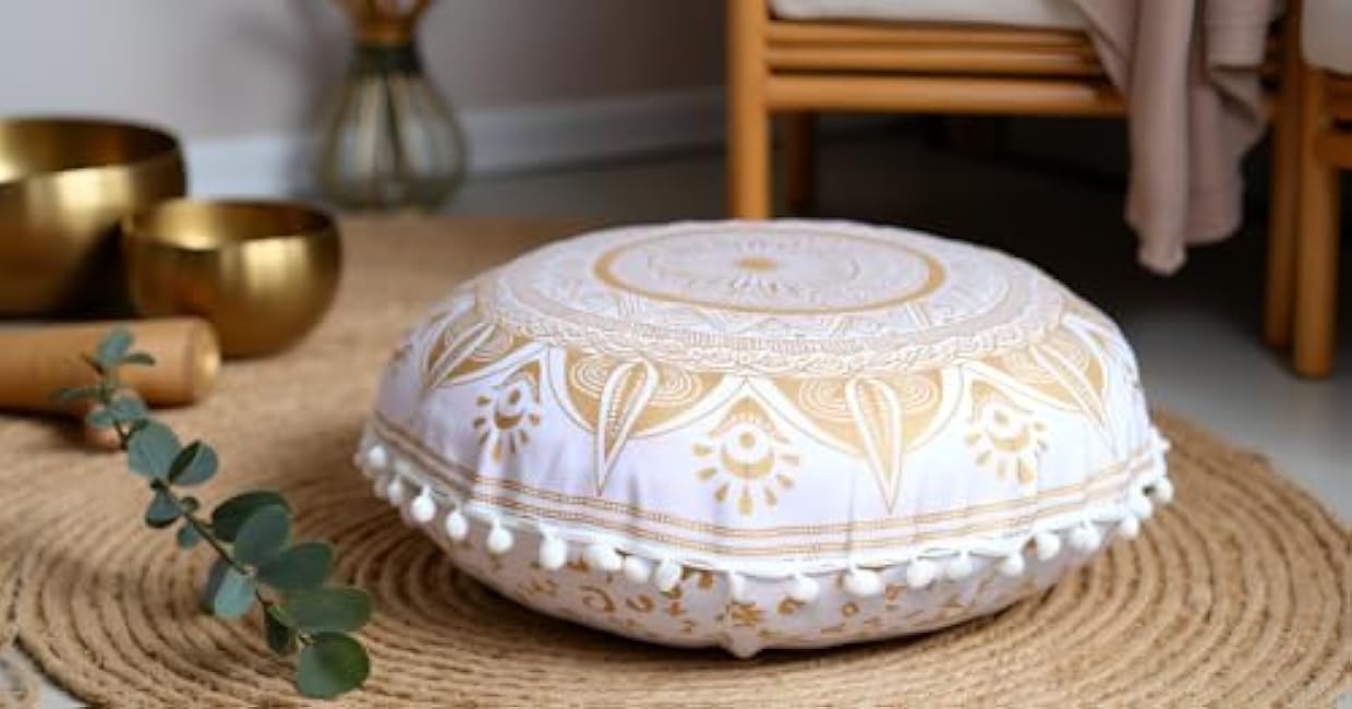 Round Mandala Floor Pillow Cover Seating Cushion Throw Cover Hippie Decorative Bohemian Ottoman Pouf Cover, Pom Pom Pillow Cases,Boho Indian 22 Inches (Gold trishol)