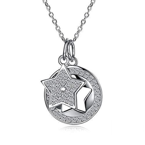 Bijoux S925 collier argent sterling femme pendentif rond étoiles diamant chaîne fine