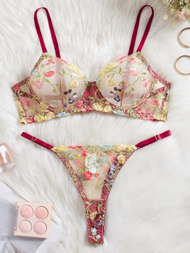 Image of Sexy Floral Embroidered Flower Mesh Underwire Push Up Lingerie Set