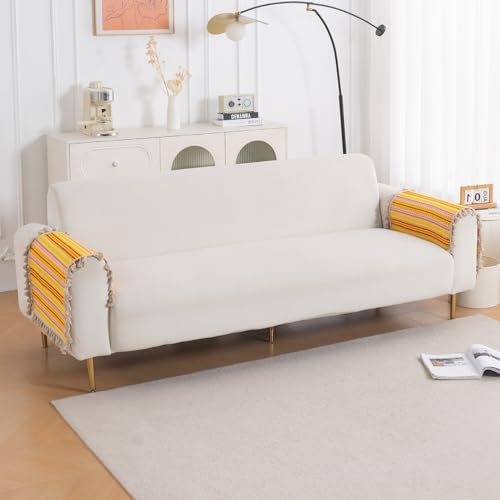 Image of HOKIPO 'Artisan Boho Series' 450 GSM Sofa Arm Cover | Cotton Acrylic Jacquard Fabric Armrest Cover with Tassel, 50x70 cm, 1 Pair, Mustard Yellow (IN-899-A1*2SC)