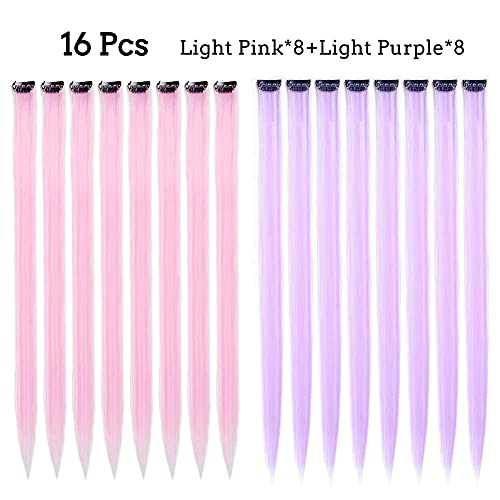16Pcs Kids Purple Color Clip In Hair Extensions 20Inch Colored Party Clip On In Hairpieces Ombre Purple Synthetic Colorful Straight Multi-Colors Hair Streak For Girls(Light Pink+Light Purple) #TOP6