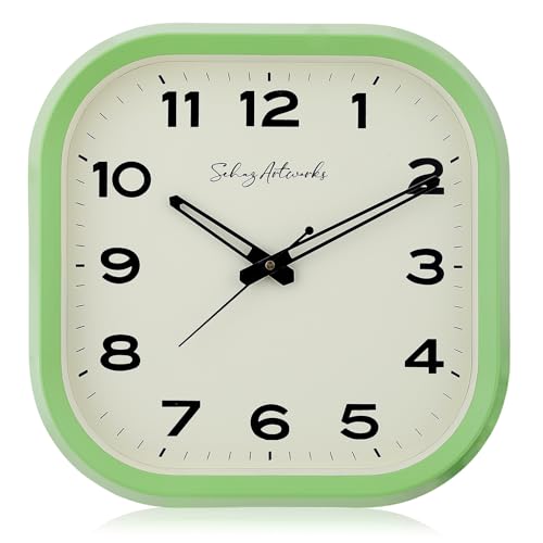 Image of Sehaz Artworks Silent Square Wall Clock for Hall | Green - 28x28 CM | Non Ticking, Designer Wall Clock for Bed Room Silent Sweep, Wall Watch for Living Room Stylish, Clock for Living Room Stylish