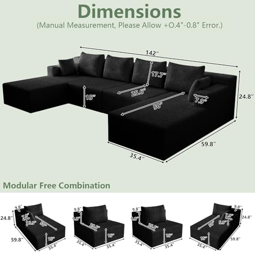 Image of 142 inch Cloud Sectional Boneless Couches for Living Room, Modular U Shaped Couch with 2 Chaise, Modern Comfy Deep Seat Corduroy Memory Foam Compressed Sofa for Apartment, Black