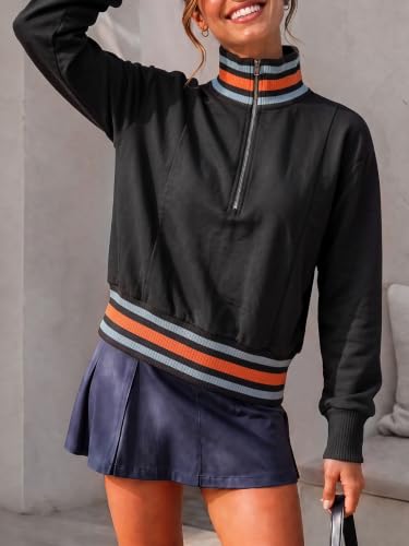 Fisoew Women Half Zip Crop Sweatshirts Pullover Stripe Long Sleeve Fall Top | Fall Fashion Clothes 2026,Ribbed Trim,Quarter Zip,Color Block,Casual Tops,Oversized Outfits,Quarter Zip,Winter Trendy Tops - image 2