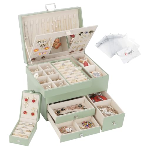 Caja Joyero de 3 Capas de PU, Joyeros Mujer Organizador Grande con Cajones, con Mini Caja Portátil...
