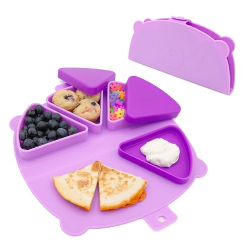 Image of 321 Grow Silicone On-The-Go Snack Mat – Foldable Reusable Placemat with 3 Compartments and Lids – Travel-Friendly Baby and Toddler Snack Plate – Dishwasher Safe (Plum)