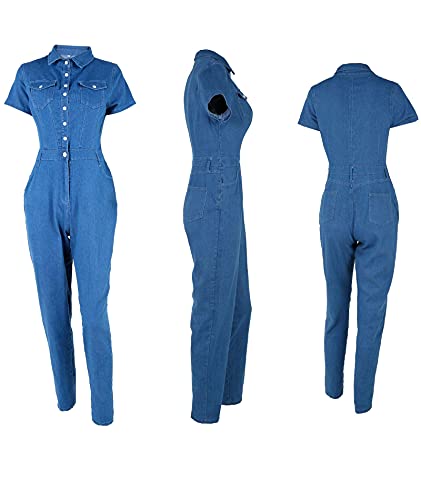 Sexyshine Women's Sexy Button Down Slim Fit Denim Long Jumpsuit Playsuit Lapel Short Sleeve Full length Jeans Rompers Overalls(20316BE,M)