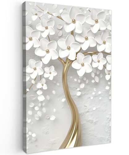 MuchoWow© Cuadros Decoracion Salon Modernos 20x30 cm Lienzos de Fotos Pared Wall Art Lienzo Decoração Cuadro de salones Árbol - Flor - Blanco - Oro