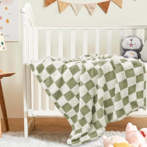 Image of HOMRITAR Mustard Green Checkered Baby Blanket for Boys Girls Fluffy Fleece | Soft Plush Warmer Receiving Blanket for Infant Toddler Shower Gift Nursery Crib Bed Stroller All Season 30 x 40 Inch