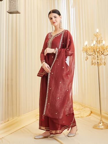 Image of MOKOSH Women's Silk Embroidery Peplum Kurta Sharara with Dupatta | Anarkali Kurta Set | Sweetheart Neck Full Sleeve Ethnic Suit | 3 Piece Outfit | Indian Kurta Outfit With Sharara