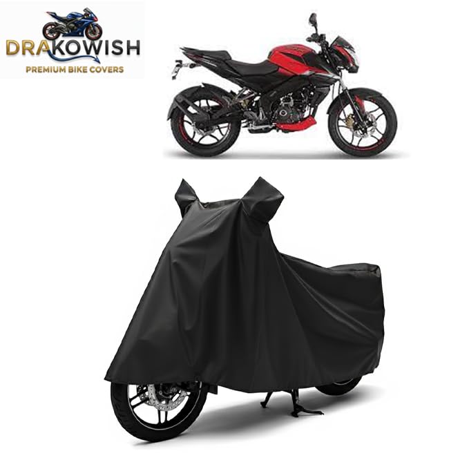 Image of DRAKOWISH Waterproof Bike Cover for Bajaj Pulsar NS 160 All Weather Protection from Rain, Dust, UV Rays & Scratches with Mirror Pockets & Buckle Belt