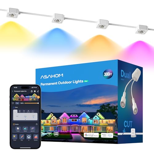 ASAHOM Permanent Outdoor Lights Pro S108E, 300FT with 216 RGBCW LEDs, WLED Integration, AI Lighting, 30000 Lighting Effect Combinations, IP67 Waterproof for Halloween Christmas Daily Decor, White