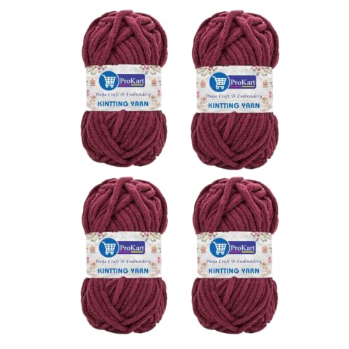 Image of ProKart Premium Blankie Wool, Plush & Cuddly, Chenille Yarn Supersoft Hand Knitting Wool Ball | Blanket Thick /Mottu Yarn Ball Suitable for Hand Knitting and Crocheting for Baby, Adult, Sweaters, caps, Throws, Home Furnishing, Scarves, Blankets (Wine, 100gms x 4 Pack)
