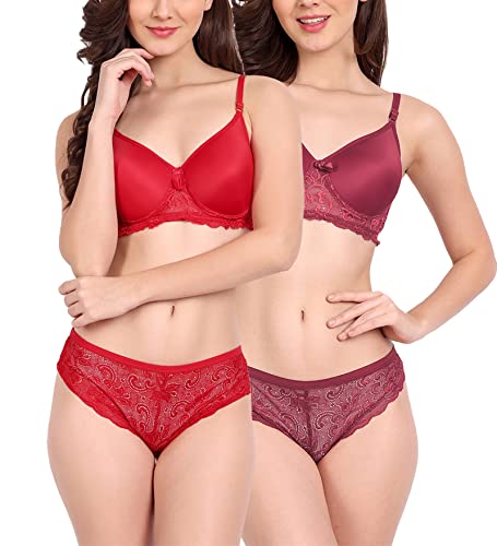 Image of FIMS - Fashion is my style Women Cotton Floral Lace Padded, Non-Wired, Full Coverage, Seamless Bra Panty Set, Multicolor, Lingerie Set