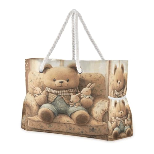 Teddy Bear on The Sofa Beach Bag & Travel Tote Bag Large Sandproof with Zipper Closure, Wet Pouch for Swim Gym Travel