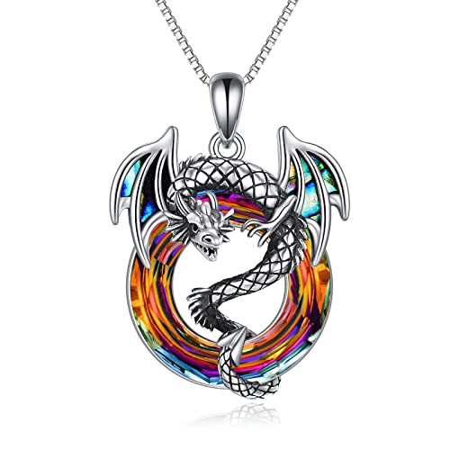 TOUPOP Drachen Kette aus 925er Sterlingsilber mit Abalone-Muschel, 14 Karat vergoldet Vulkankristall Drachen Anhänger Schmuck für Damen, Herren, Geburtstags Geschenk Drachengeschenke für Frauen Cover
