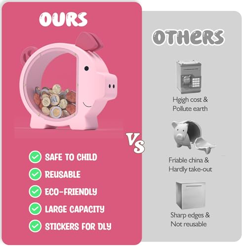 Image of Piggy Bank for Kids Girls, Pink Kids Piggy Bank with Creative DIY Stickers