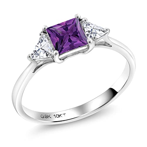 Gem Stone King 10K White Gold Purple Amethyst and White Moissanite 3 Stone Engagement Ring For Women (0.97 Cttw, February Birthstone, Princess 5MM, Trillion 3.5MM)
