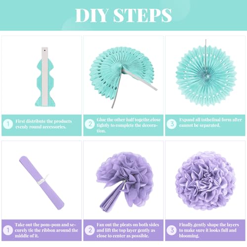Image of 24Pcs Birthday Pastel Party Decorations for Girl with Paper Fans Pom Poms