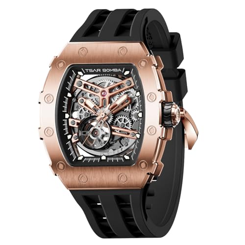 Image of TSAR BOMBA Men's Automatic Watch Tonneau Luxury Skeleton Watches for Men Mechanical 50M Waterproof Analogue Watches Mens Unique Cool Square Big Face Dial Wristwatch with Silicone Strap Band