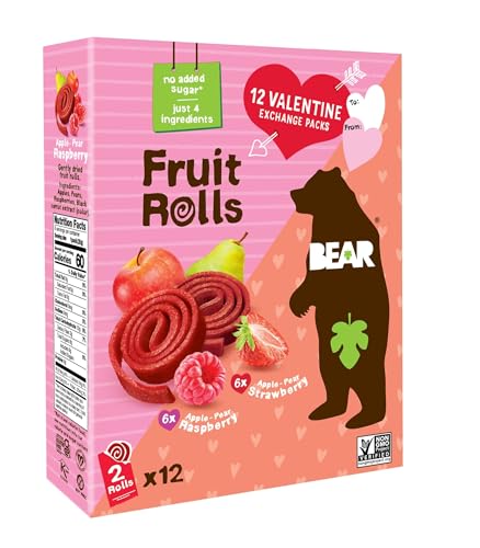 Image of Bear Valentines Day Strawberry & Raspberry Fruit Rolls Variety Pack, 12 Pack (2 Rolls Per Pack) - Gluten Free, Vegan, and Non-GMO - Healthy School And Lunch Snacks For Kids And Adults