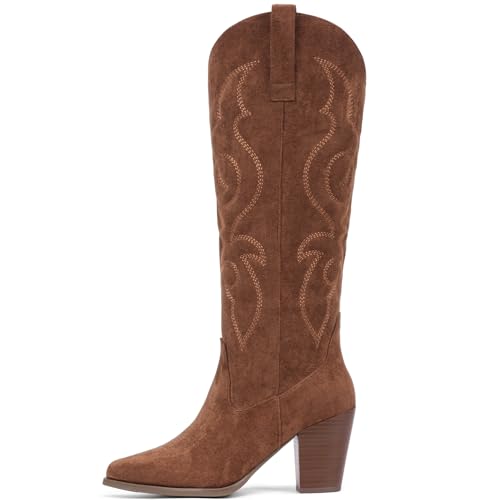 Pasuot Suede Cowboy Boots for Women - Western Knee High Cowgirl Boots with Side Zipper, Retro Pointed Toe Tall Block Heel Pull On Long Boot for Ladies Fall Winter Rodeos Concert Festival Daily4